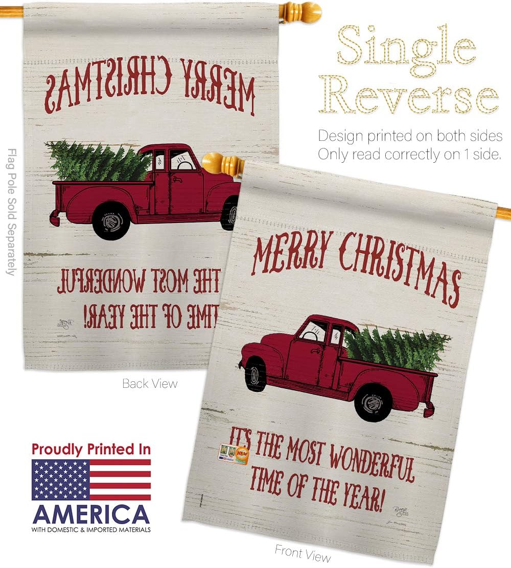Merry Christmas Vintage Truck Garden House Flags Set Wintertime Santa Marry Xmas Present Reindeer Season Snow Small Decorative Gift Yard Banner Made In USA 28 X 40