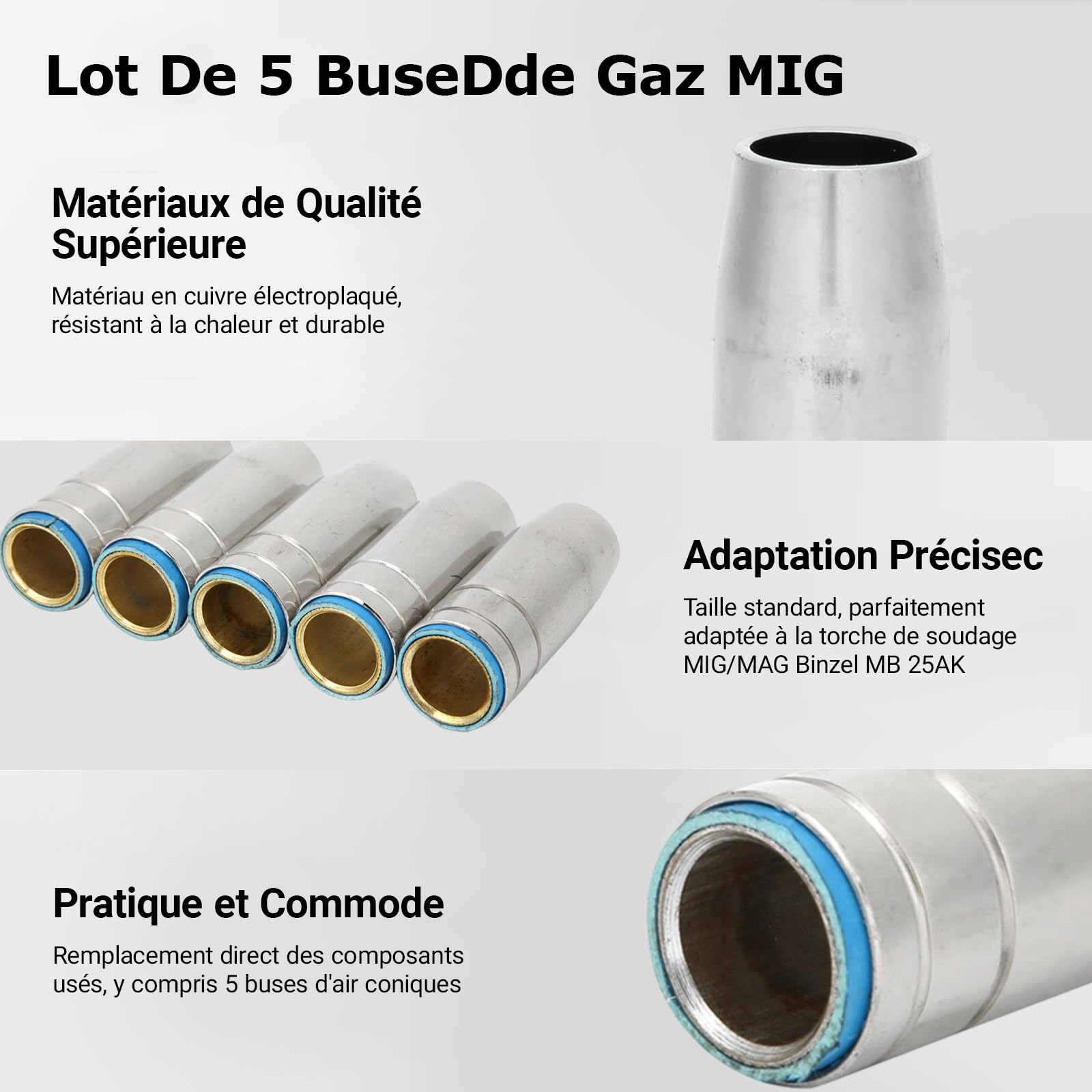 Lot de 5 buses de gaz MIG, consommables de torche de soudage MB 25AK MIG MAG, buse de gaz conique de 15 mm pour torche de soudage Binzel MB 25AK MIG/MAG