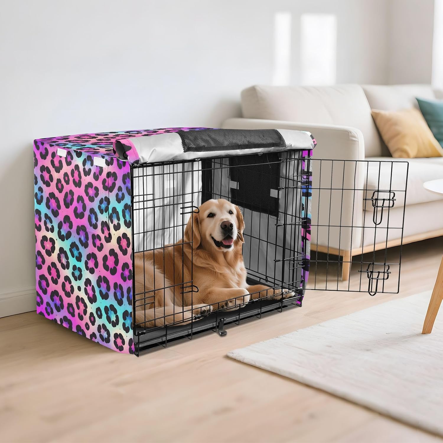 Neon Leopard Dog Crate Cover 600D Oxford Pet Kennel Cover with Mesh Window for Dog Cages, Windproof Waterproof Machine Washable, 48"x30"x33"