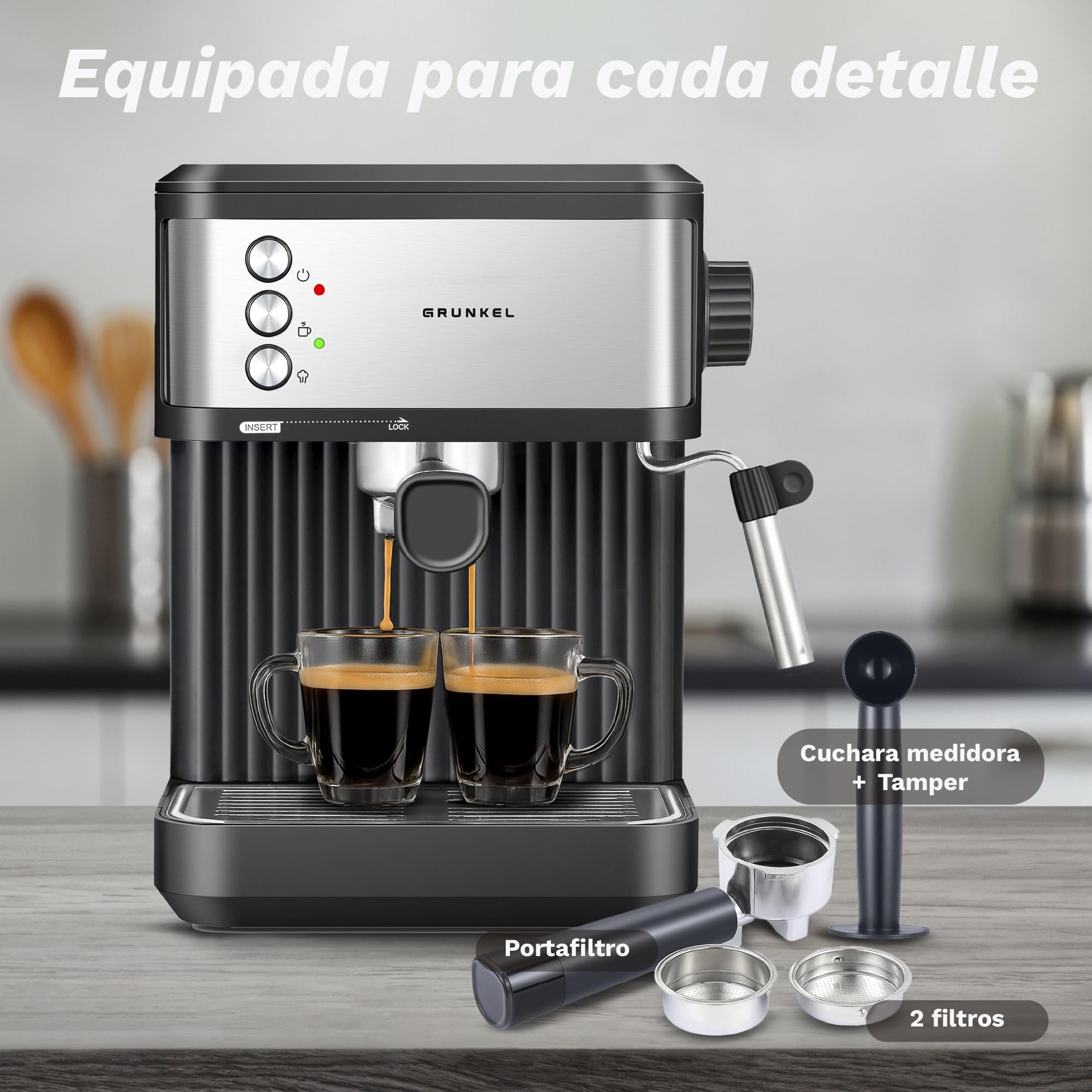Grunkel Cafetera Espresso de 20 Bares, 850W, Panel Táctil/analogico con vaporizador orientable y brazo doble salida Depósito 1,8L (Analógica)