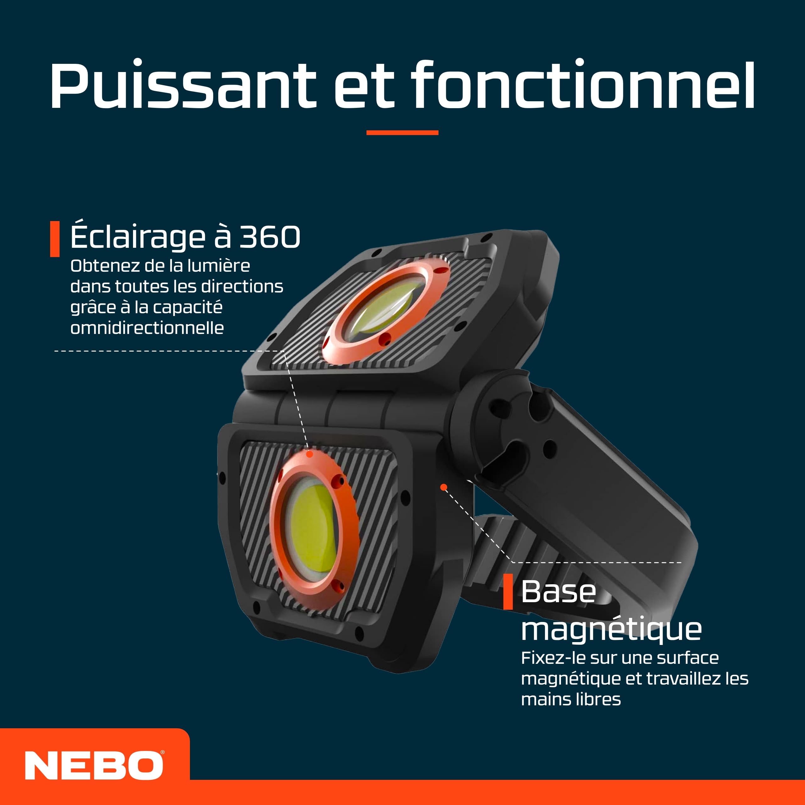 NEBO Omni 3K - Lampe de travail pour les professionnels - Résistante aux chocs et à l'eau - Avec double sortie COB - Torche portable rechargeable USB-C avec poignée magnétique rotative