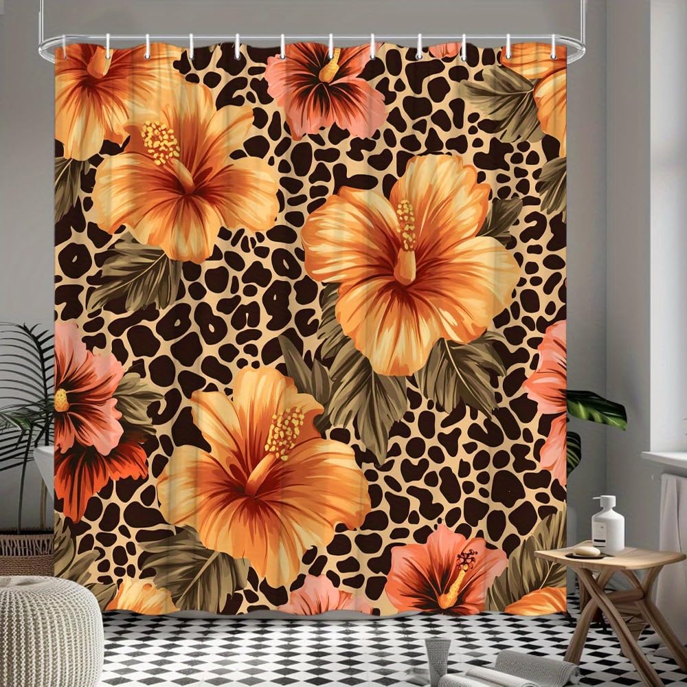 GLWDMB 1 Piece 120x180CM Hibiscus Flowers and Leopard Print Printed Shower Curtain With Hook, Polyester, for Windows And Walls, Bathtub, Bathroom, Machine Washable, All Season Universal