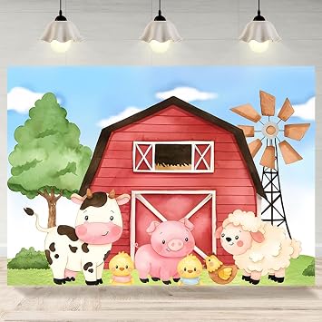 7x5ft Cartoon Farm Animals Backdrop Red Barn Farm Birthday Party Photography Background Tree Farmhouse Grass Banner Decorations Kids Birthday Baby Shower Party Photo Booth Props