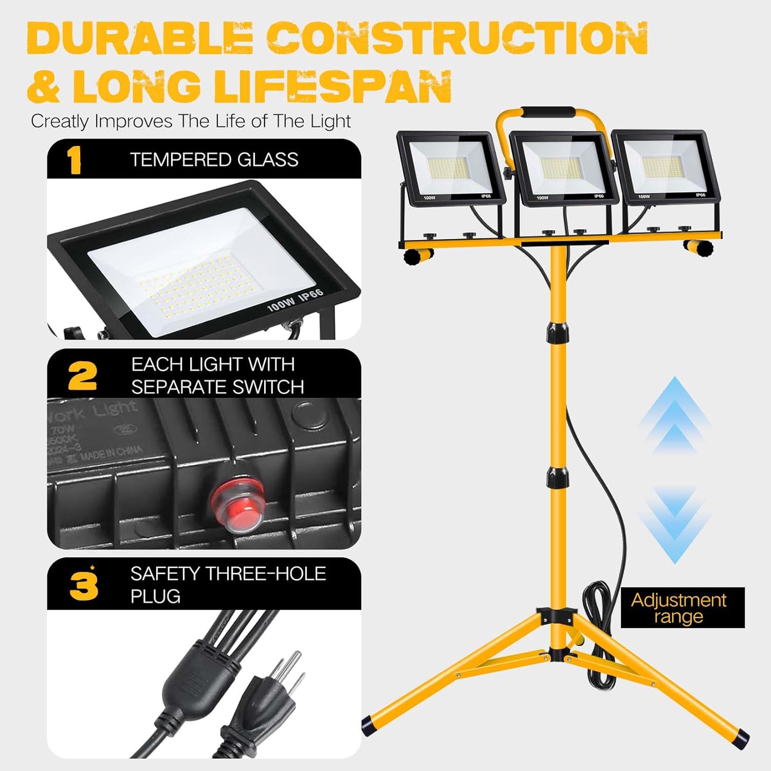 21000 Lumen Work Lights with Stand, 3 Adjustable Head LED Work Light, with Adjustable and Foldable Tripod Stand, Waterproof Lamp with Individual Switch with 6500 Kelvin Color (3-Head-Yellow)