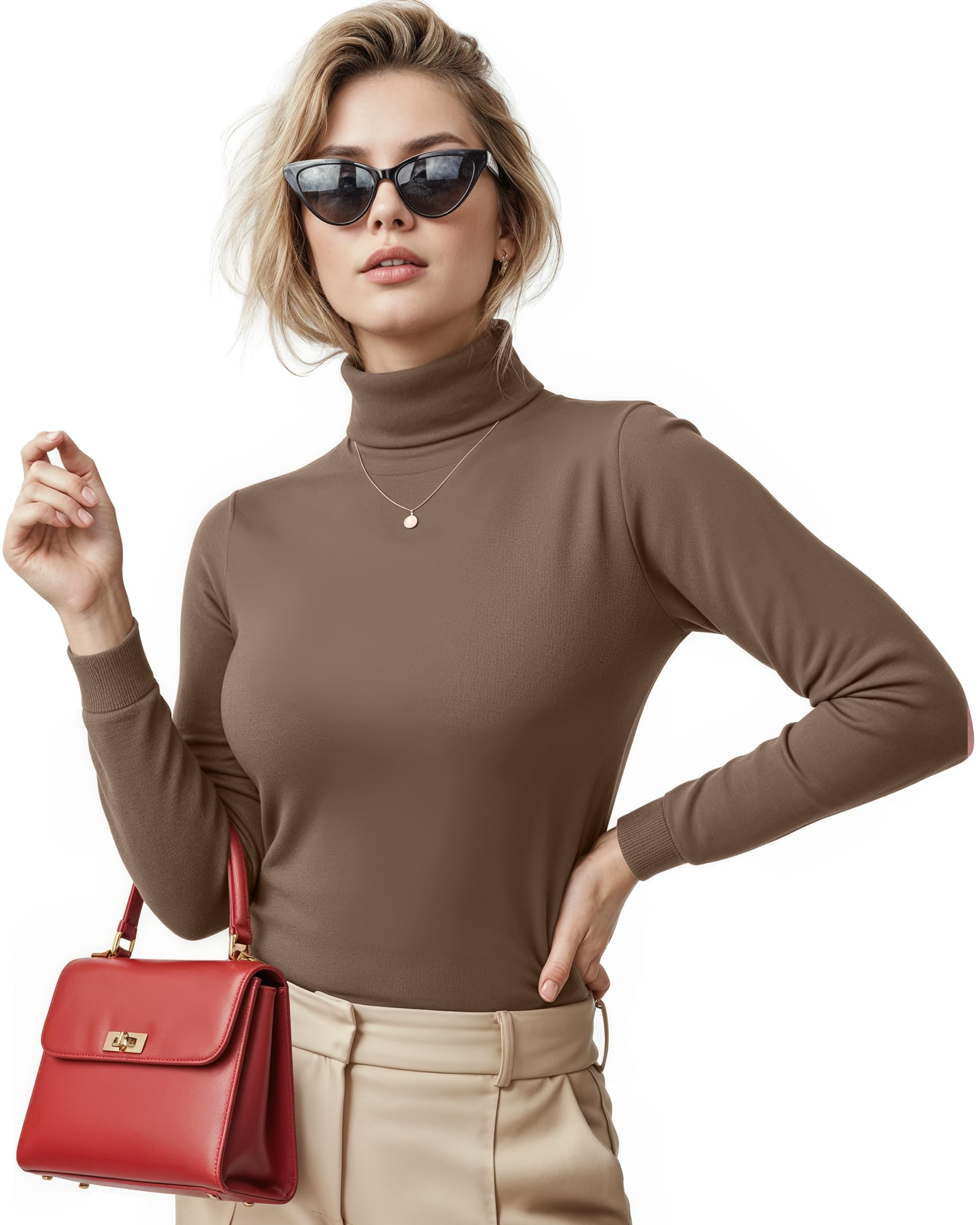 ny threads women's turtleneck long sleeve shirt slim fit thermal base layer tops 1 pack, medium, coffee