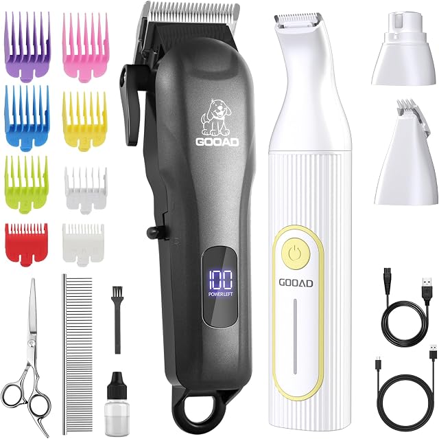 Pantoufles pour chien pour le grooming, kit de groomage pour cheveux épais et manteaux/bruit faible Rasoir sans fil rechargeable pour chien avec pince à la patte & Gros chats