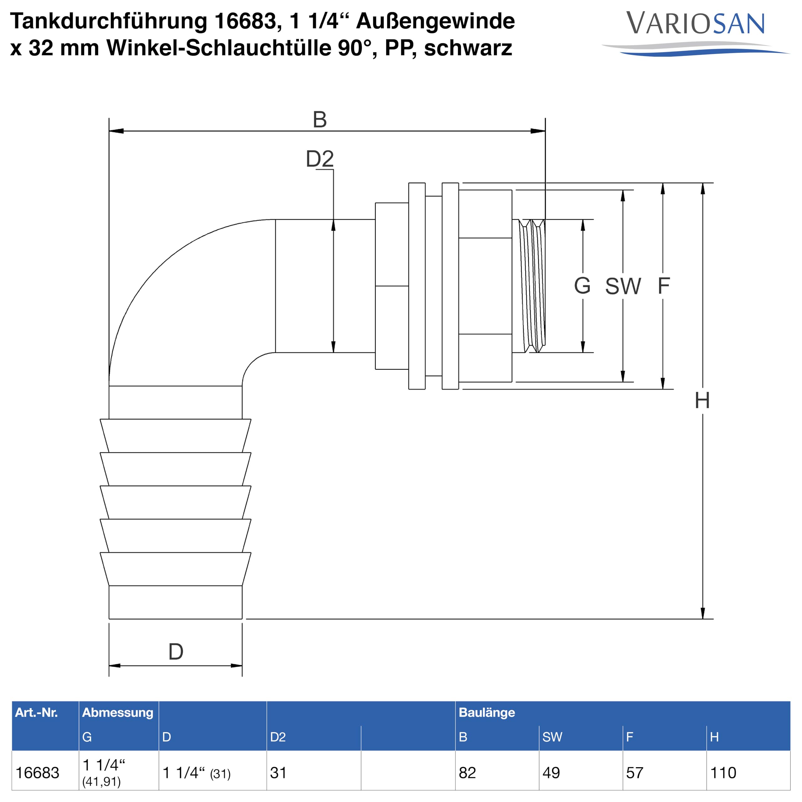 VARIOSAN Tank Feed-Through 1 1/4 Inch Male Thread x 32 mm Angled Hose Nozzle 90° Polypropylene Black with Seal - Image 4