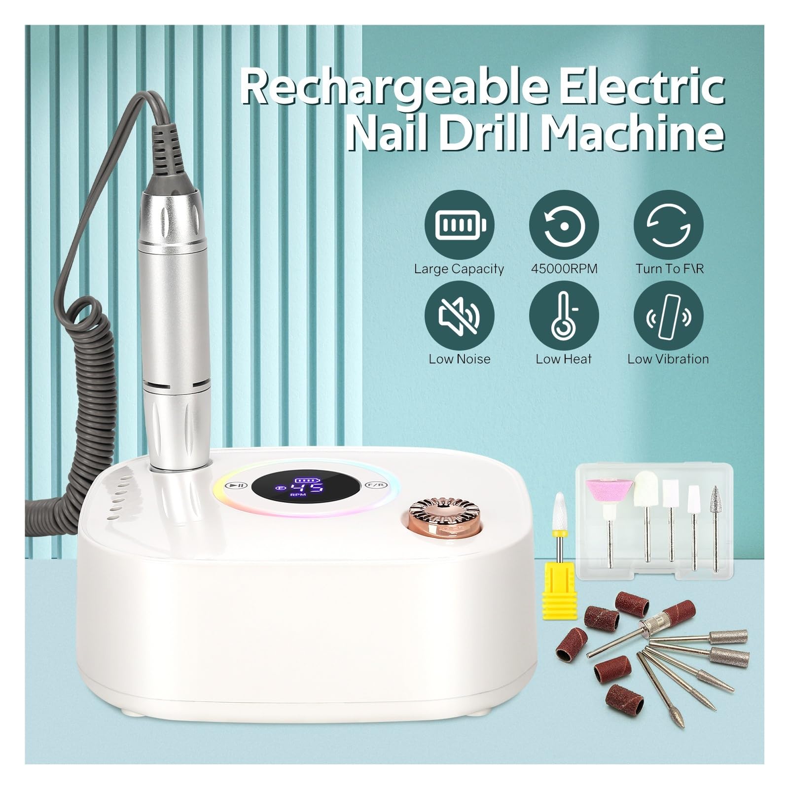 Nagelfräser, 45000 U/min Nagelschleifer-Set, Mühle for Maniküre mit LED-Anzeige, geräuscharmer elektrischer Maniküre-Bohrer(Green)