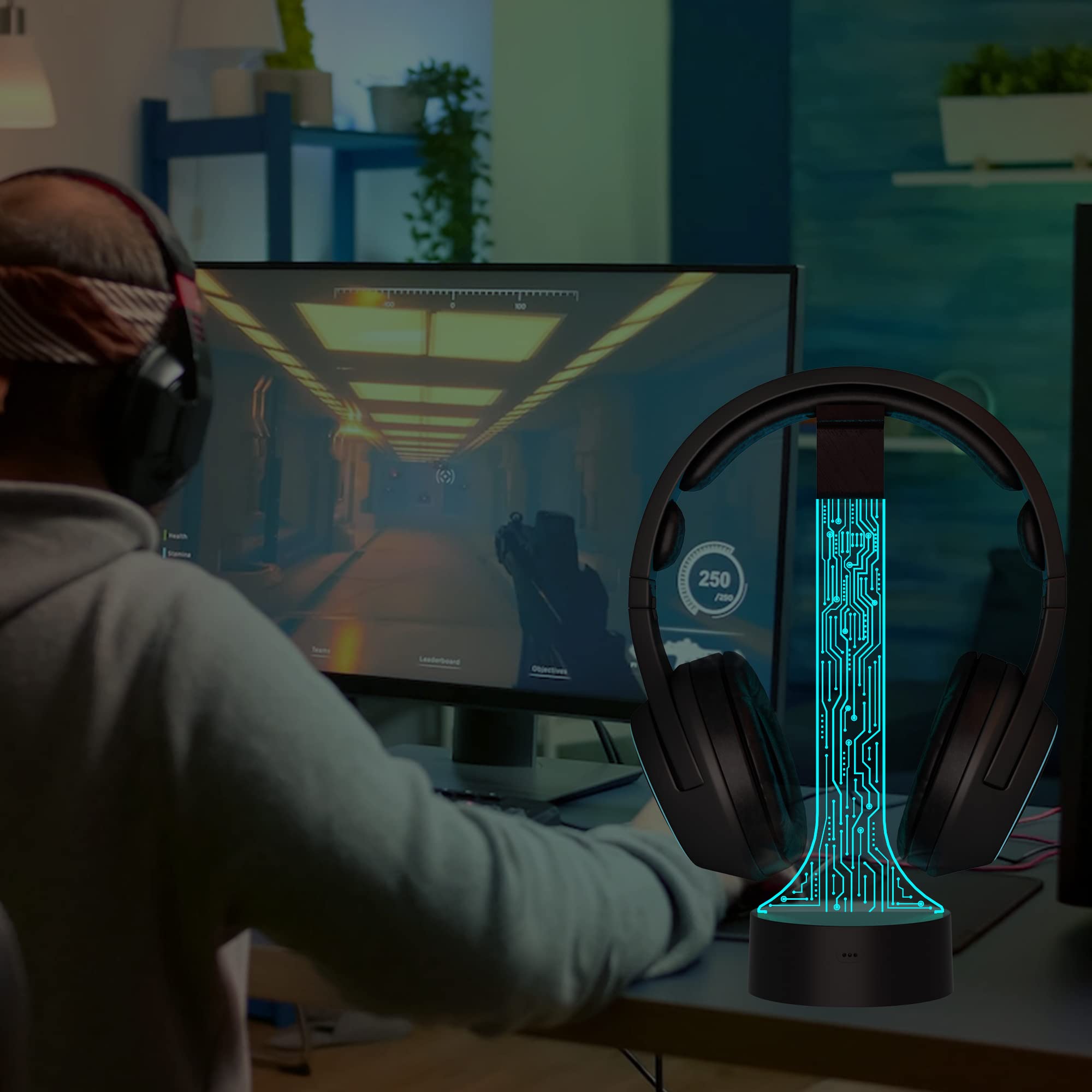 YuanDian Leuchtender Kopfhörerständer für Schreibtisch, Gaming Headset Halterung, RGB mit 16 farbigen Lichtern für Spielzimmer Dekoration, Coole Gamer Geschenke für Männer, Freund