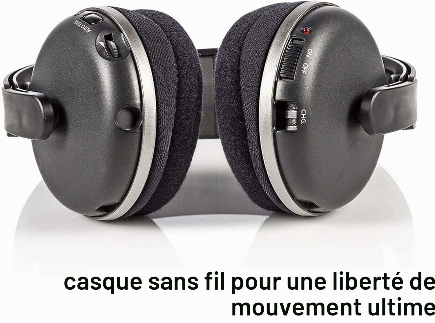 Casque TV sans Fil - RF - Tour d'oreille - Durée de Lecture maximale de Batterie: 11 Heures - 100 m - Audio numérique - Station de Charge - Argent/Noir