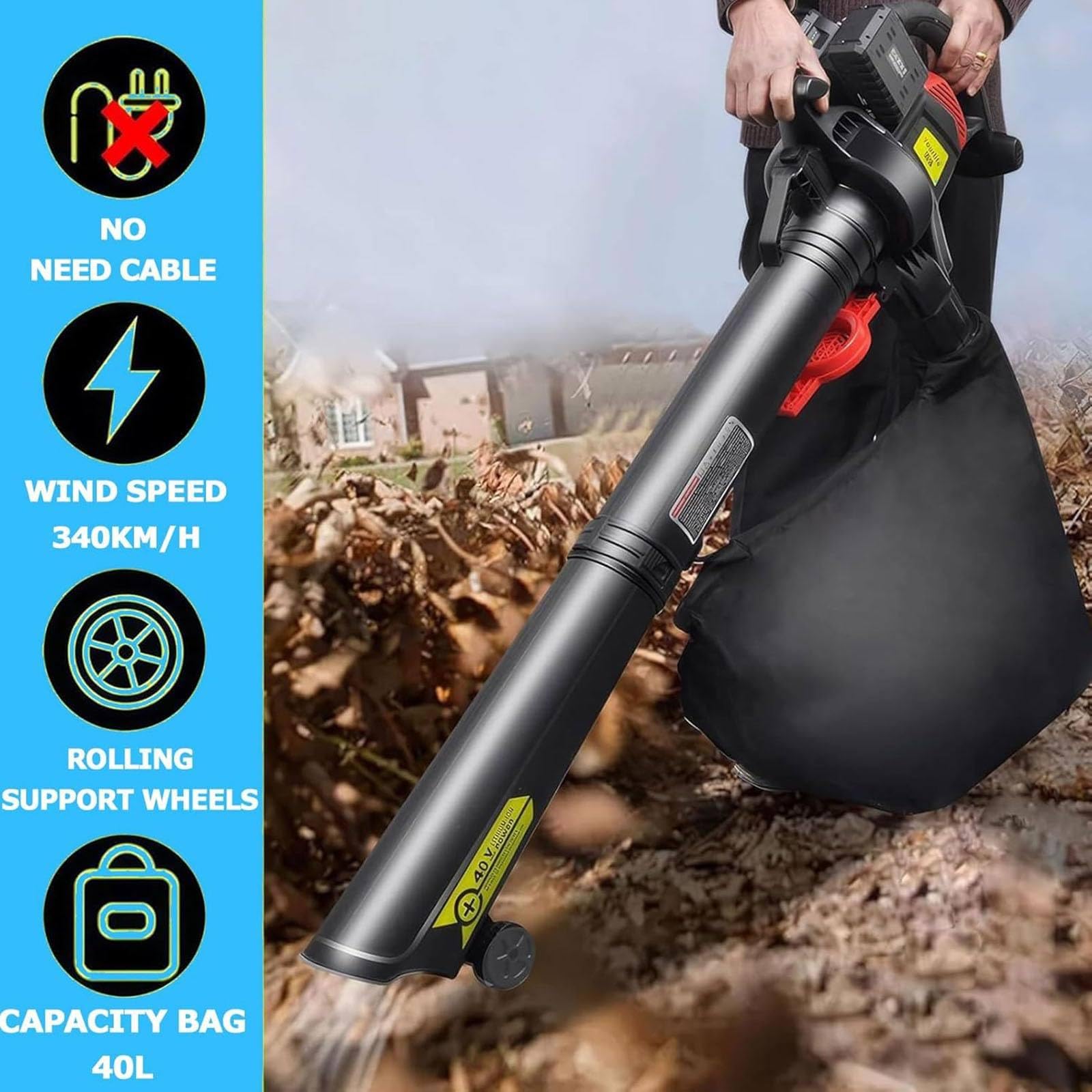 Soffiatore per foglie senza fili con 6 modalità di velocità, aspiratore e trituratore per giardini, soffiatore e aspiratore per foglie 2X4000MAH, sacco di raccolta 40L