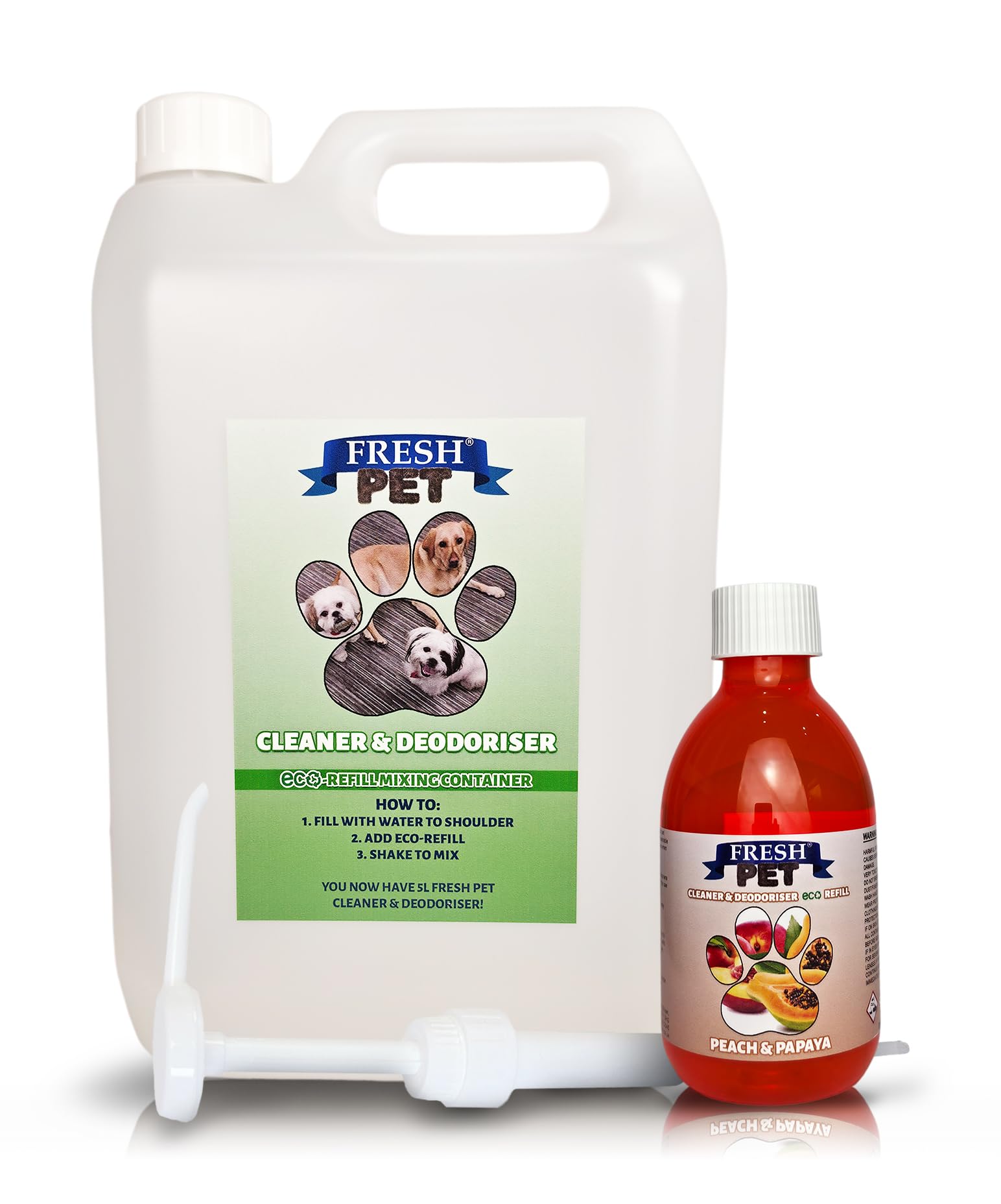 Trade Chemicals Fresh Pet eco-Refill Kennel Disinfectant 250ml w/Empty 5L + Pump (PEACH AND PAPAYA)
