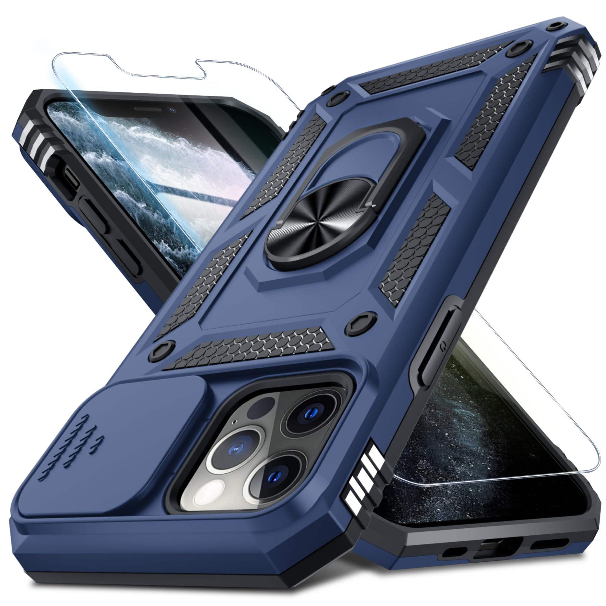 Janmitta Case for iPhone 16 Phone Cover Built in Slide Camera Lens Cover+Screen Protector,Heavy Duty Shockproof Full Body PhoneCase with Finger Ring Holder Kickstand,Blue Blue iPhone 16