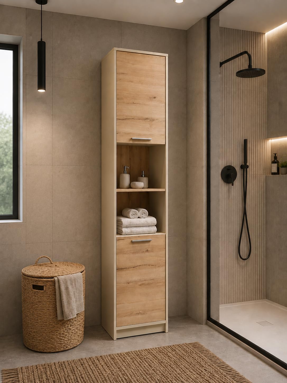 Columna de baño, estilo nórdico,mediterraneo,color roble y crema
