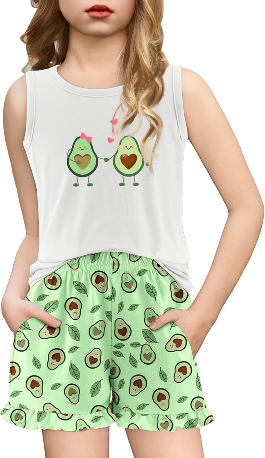 Arshiner Girls Pajamas Summer Ruffle Sleepwear Cute Tank Top and Shorts Set Pjs Outfit