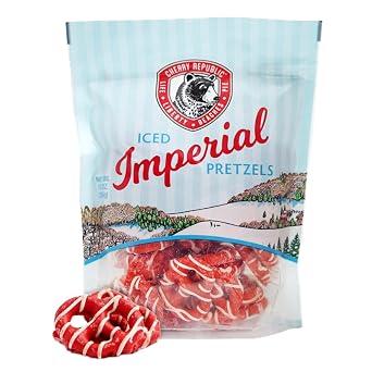 Cherry Republic Iced Imperial Pretzels Individual Bag, 10 oz - Crunchy Mini Pretzel Twists with Cherry-Flavored Glaze Coating & White Confectionery Drizzle, Sweet & Salty Snacks, Crafted in Michigan