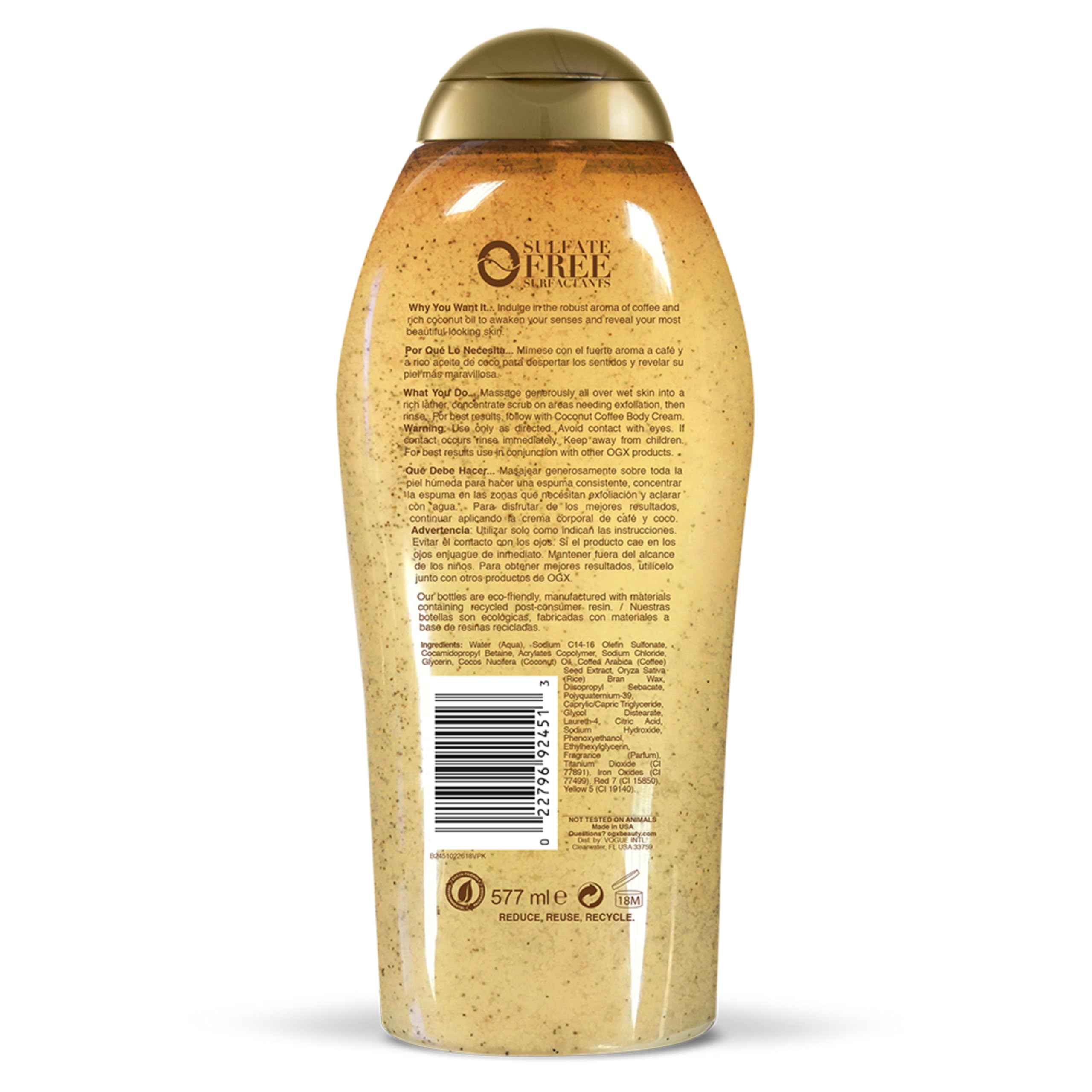 Exfoliante y lavado de café OGX, coco 540 ml