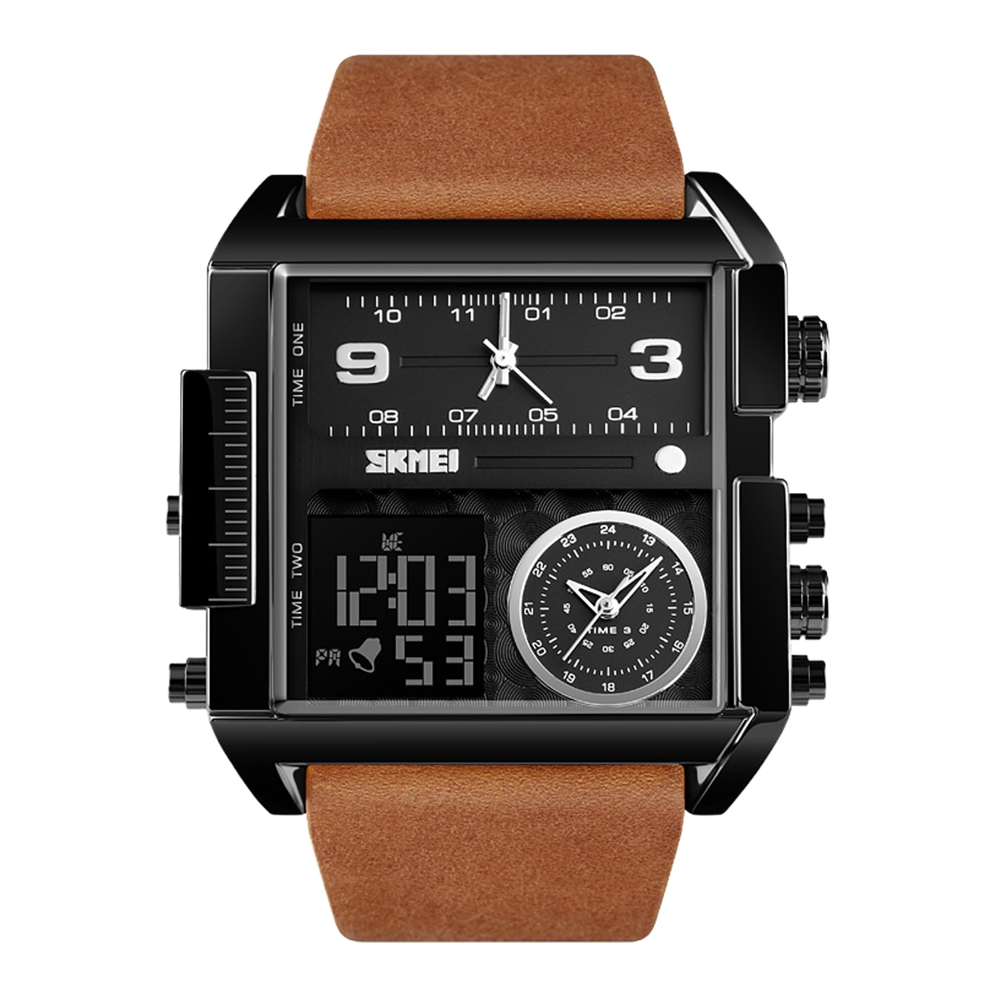 Skmei Men's Square Watch, LED Backlight Large Screen Multi-Time Zone Men's Watch, Waterproof Analog Men's Digital Sports Watch-1391