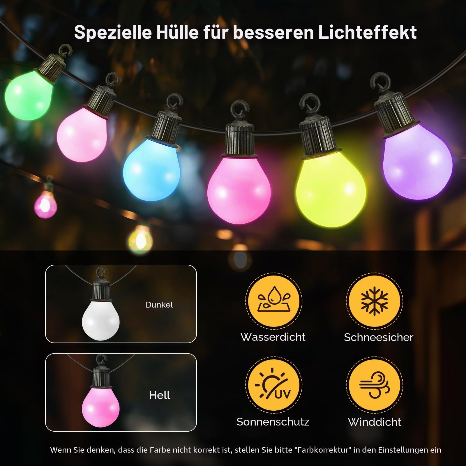 Lichterkette Outdoor, 100ft/30M Lichterkette Außen mit 50 Glühbirnen, Fernbedienung und App, Timer, 16 Millionen Farben und über 58 Szenenmodi, Wasserdichte Led Lichterkette für Party Garten
