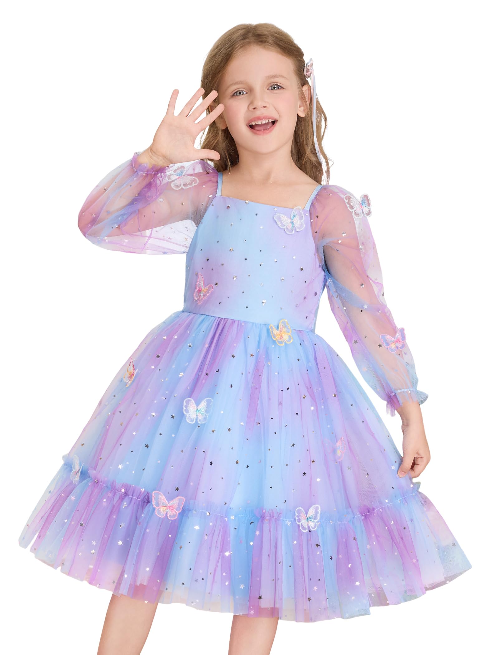 IDOPIP Kleinkind Baby Mädchen Kleider Lange Puffärmel Festzug Mesh Tutu Kleid Säugling Hochzeit Taufe Fotoshooting Tüll Kleid