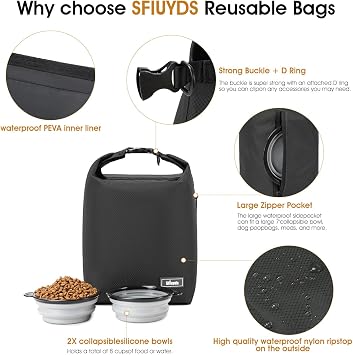 Pet Food Storage Bag Dog Food Travel Bag with 2PCS Collapsible Dog Travel Bowls Waterproof Kibble Storage Container for Road Trips Camping (Black, Small)