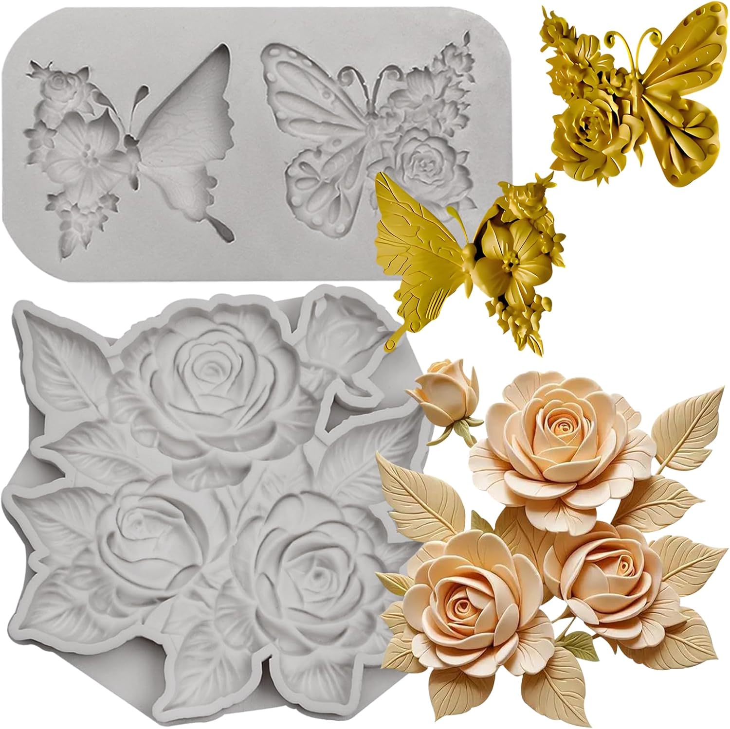 Moldes de arcilla de silicona con diseño de flores de rosas, molde de fondant de chocolate con mariposa y moldes de silicona rosa para manualidades