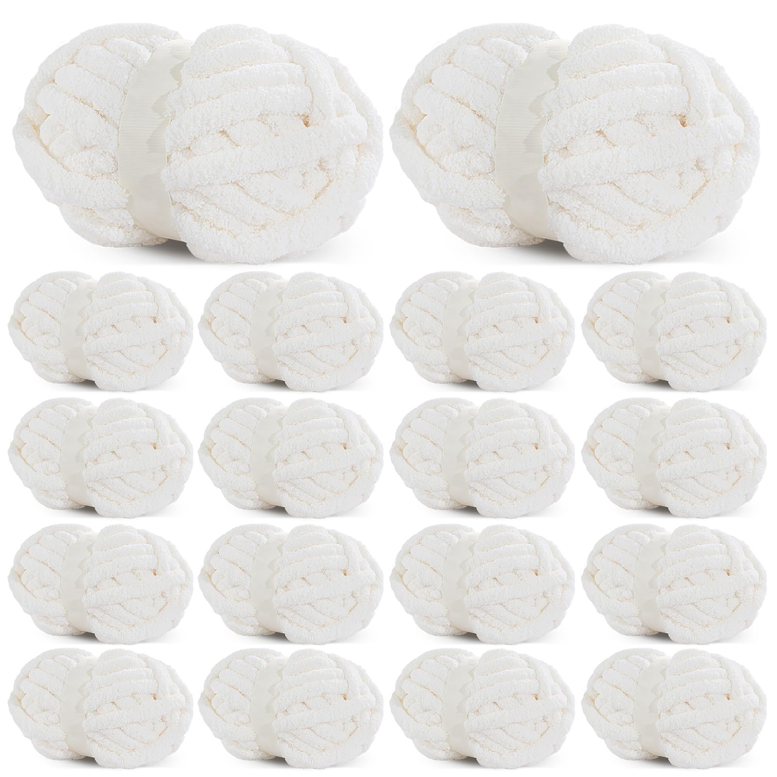 Hombys White Chunky Chenille Yarn for Crocheting & Knitting, Super Bulky, Soft Plush, 18 Jumbo Packs (27 yds, 8 oz Each)