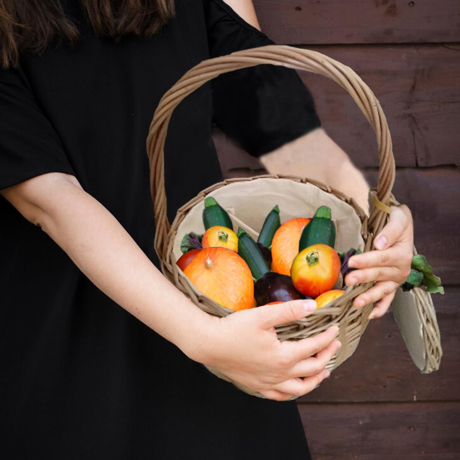 Cestino in Vimini con Manico e Coperchio, Cestino per la Raccolta Intrecciato a Mano con Fodera in Stoffa, Cestino Portaoggetti Portatile in Rattan, Cestino Multiuso in Rattan per la Spesa, Raccolta,