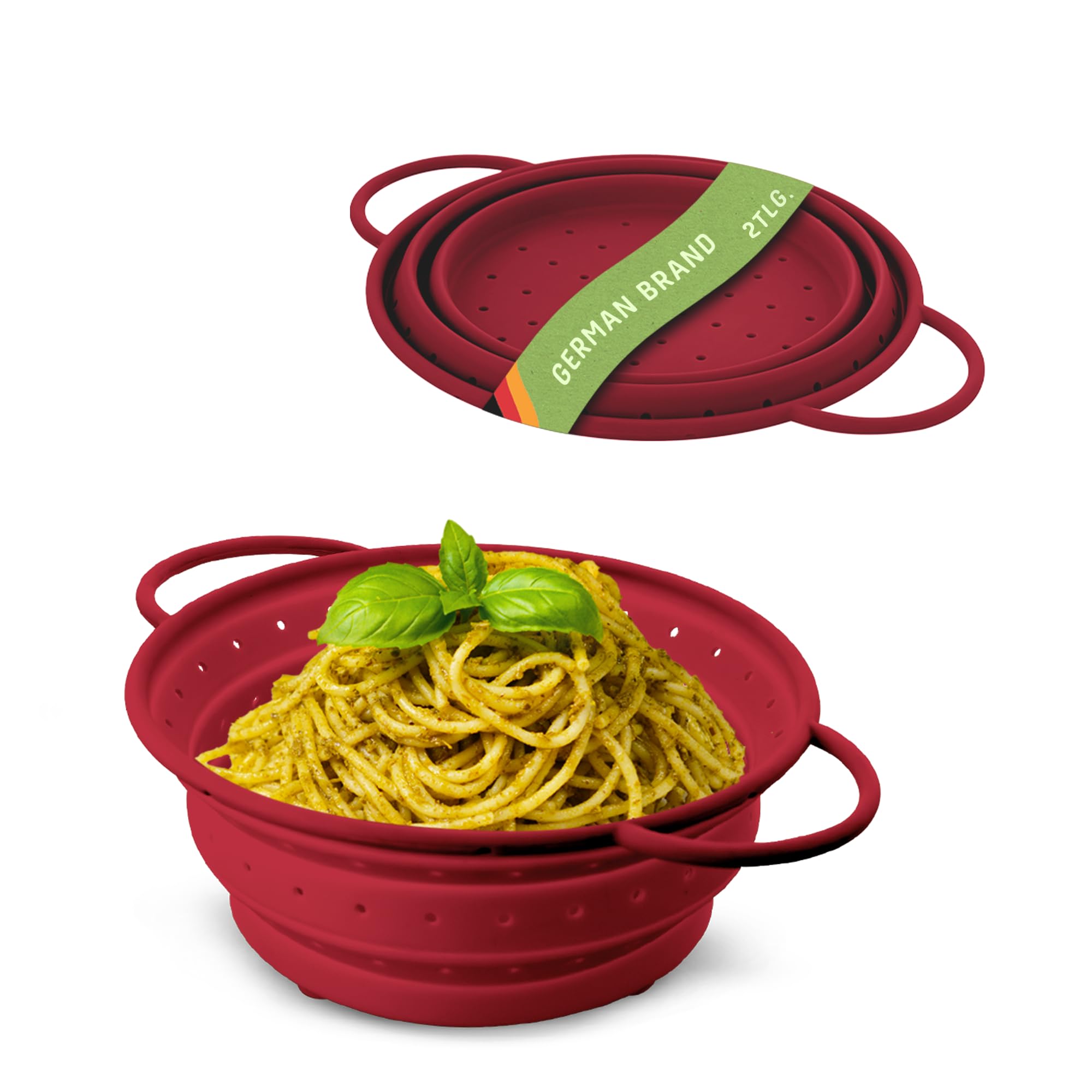 Coolinato Set of 2 Collapsible Silicone Strainers 20 and 24 cm Red - Kitchen Colander, Dishwasher Safe, BPA Free and Heat Resistant up to 230°C - Space Saving Collapsible Sieve — image 1