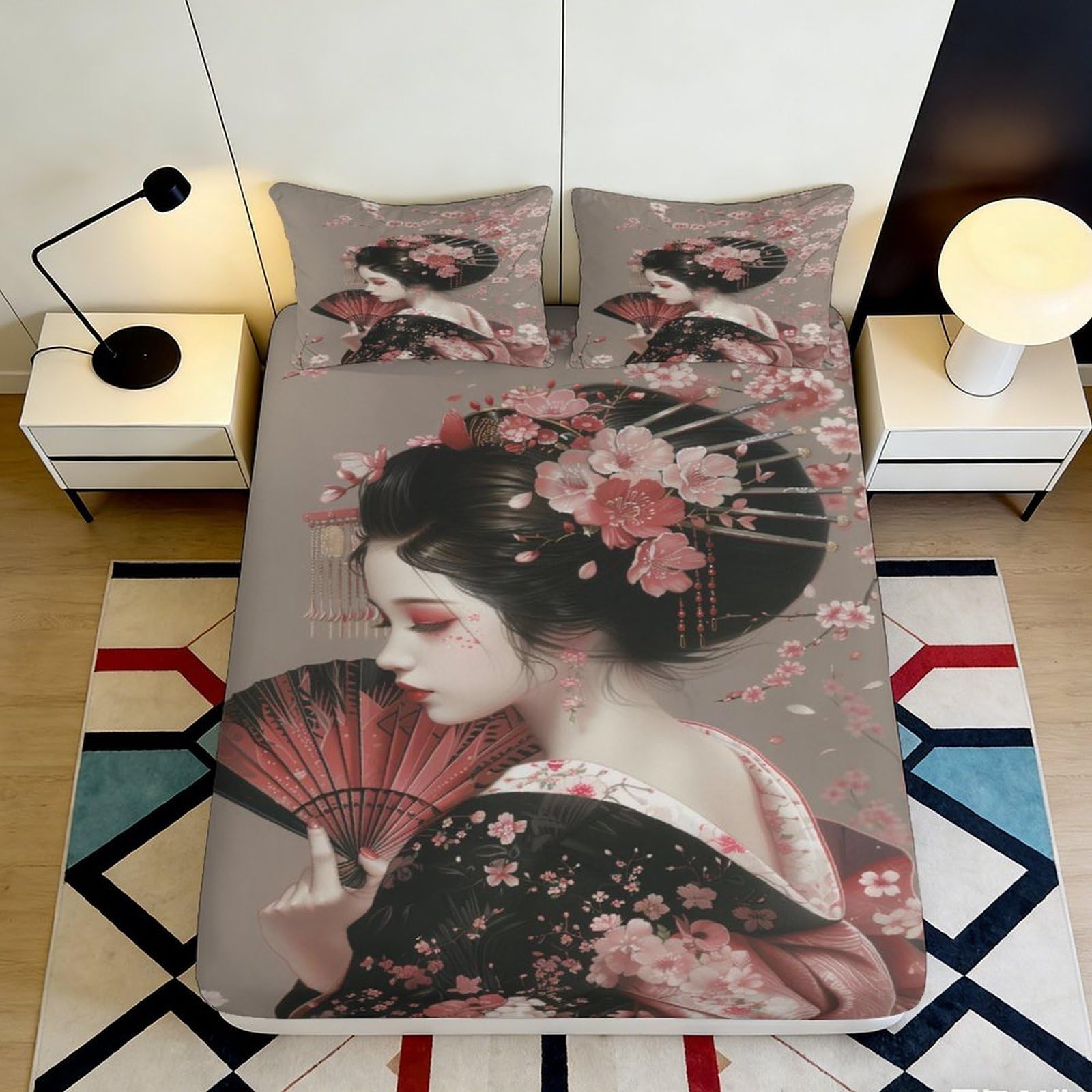 3D Printed Geisha Sakura Fitted Sheet Microfiber Soft Breathable Japanese Fan Bed Cover for Bedroom Guest Room Decor 120x200x25cm