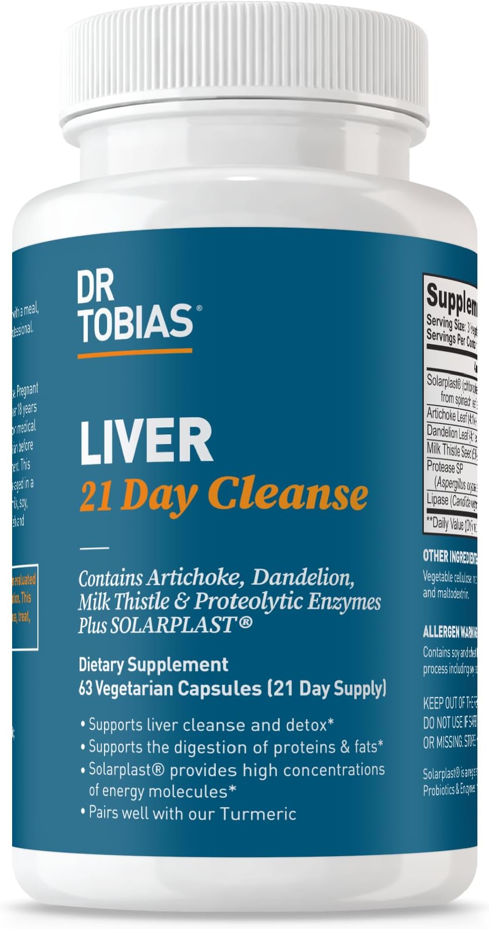 Dr. Tobias Liver 21 Day Cleanse, Herbal Liver Detox Cleanse with Solarplast, Artichoke, Milk Thistle & Dandelion Extract, 63 Vegetable Capsules (3 Daily)