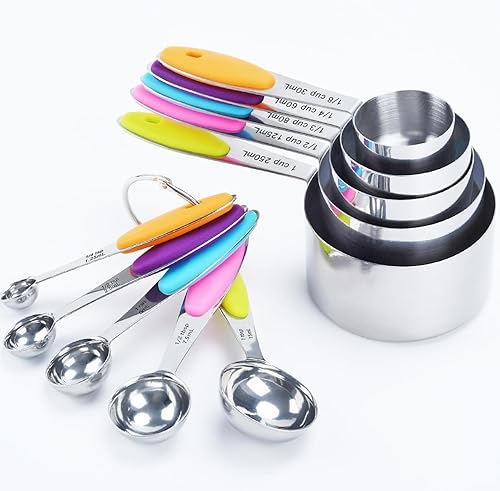 Juego de 10 tazas y cucharas medidoras de acero inoxidable, cuchara de café en polvo, cuchara medidora, cuchara, herramientas para hornear, taza