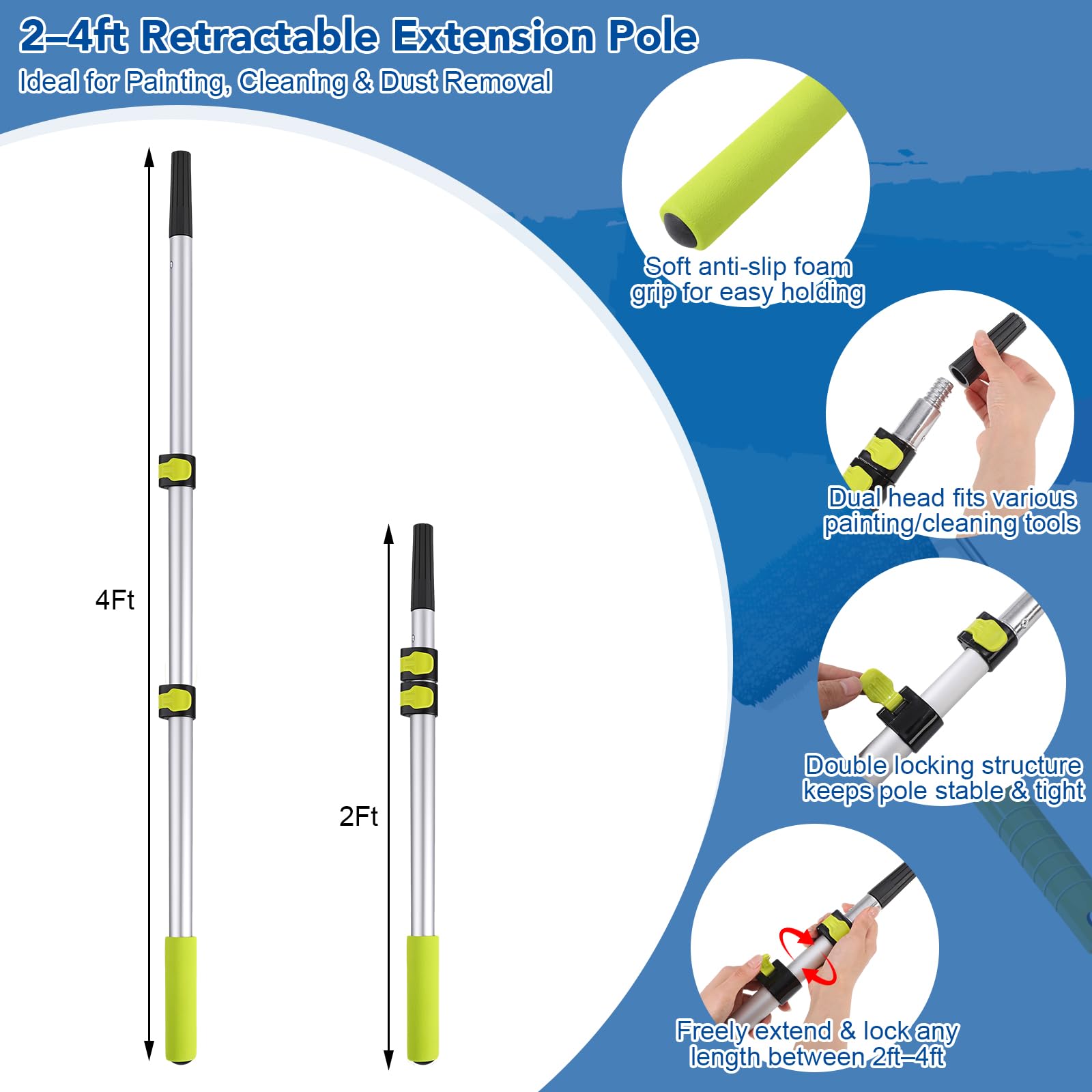 Kit di 40 rulli per pittura tutto in uno con asta telescopica da 1,2 | Forniture per pittura con vassoio rullo pennello nastro porta carta vetrata per casa parete casa pittura angoli soffitti