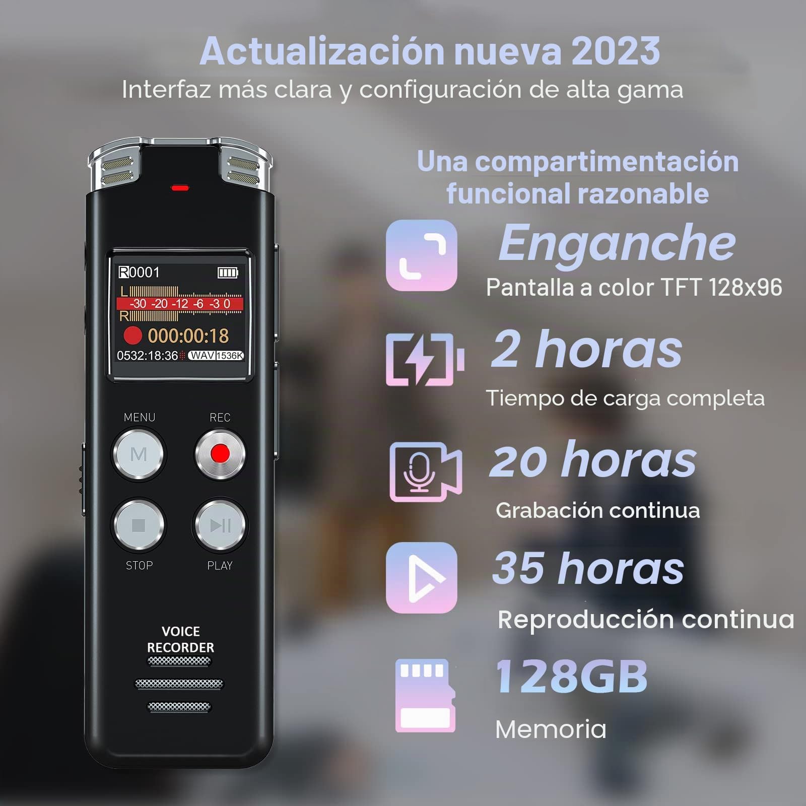 EVISTR Grabadora de Voz Digital 128GB - grabadoro de audio con control de voz y reducción de ruido - grabador dual MIC recargable para conferencias y reuniones