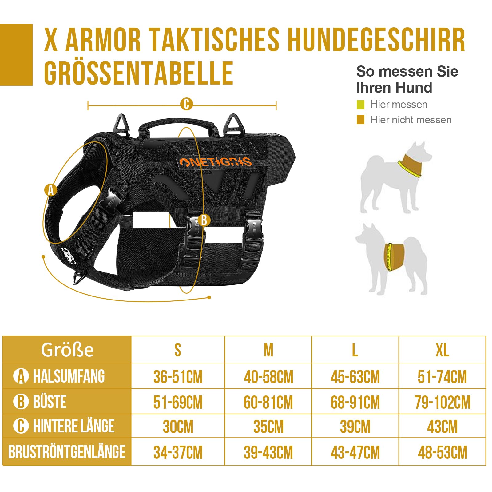 OneTigris X Armor Taktisches Hundegeschirr, Sicherheitsgeschirr mit Vollmetallschnalle und D-Ring, Hochpräzises Laserschneiden, Brustgeschirr mit 2 Griffe Hundeweste für Große/Mittlere Hunde