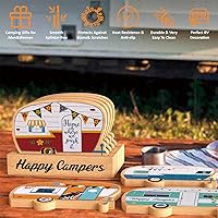 Vista 5 de Juego de posavasos de camping Haigoo, juego de 4 posavasos de bambú Happy Camper con soporte, regalos de camping para amantes de la caravana
