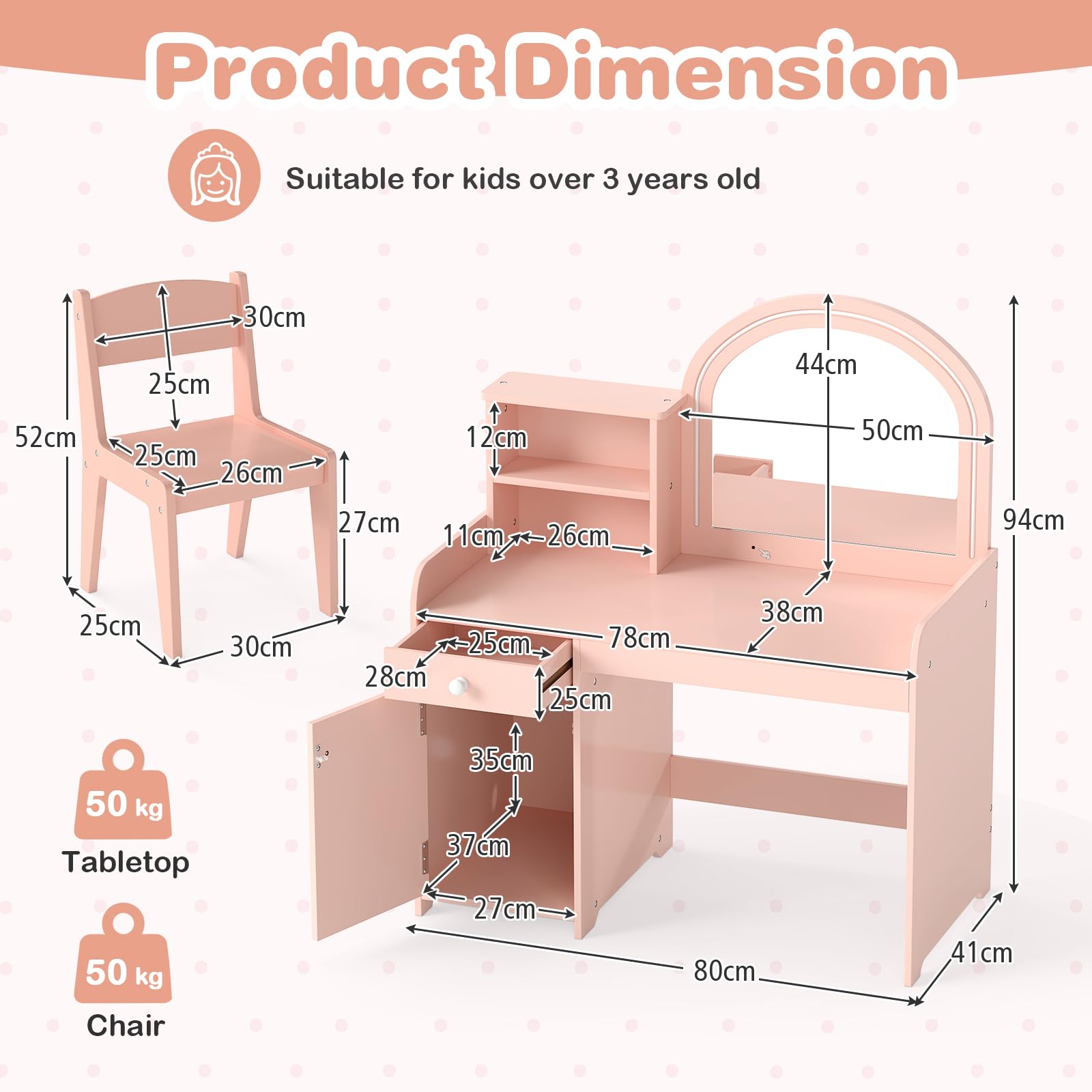 LIFEZEAL 2 in 1 Tavolo da trucco per bambini con sedia, tavolo da trucco ragazza con specchio LED e armadietto, tavolo da toeletta in legno con cassetto e scaffale, 3+ anni, carico di 50 kg (rosa