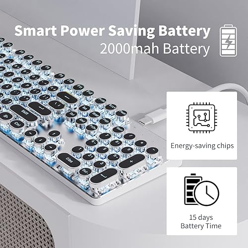 Miniatura 6 de EWEADN TK950 - Teclado mecánico inalámbrico, 104 teclas estéticas de máquina de escribir con retroiluminación azul, anti-fantasma, interruptor azul