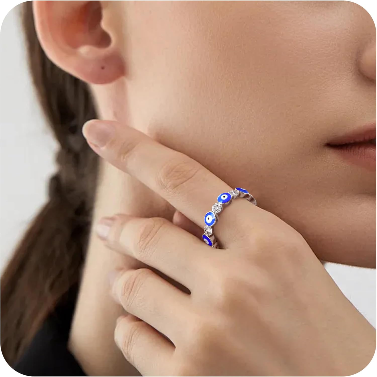 MDFUN Evil Eye Ring for Women, 18K White Gold Plated Cubic Zirconia Stackable Band Ring, Evil Eye Trendy Lucky Jewelry, Engagement Wedding Birthday Gift for Women Men, Size 5-10 - Image 5