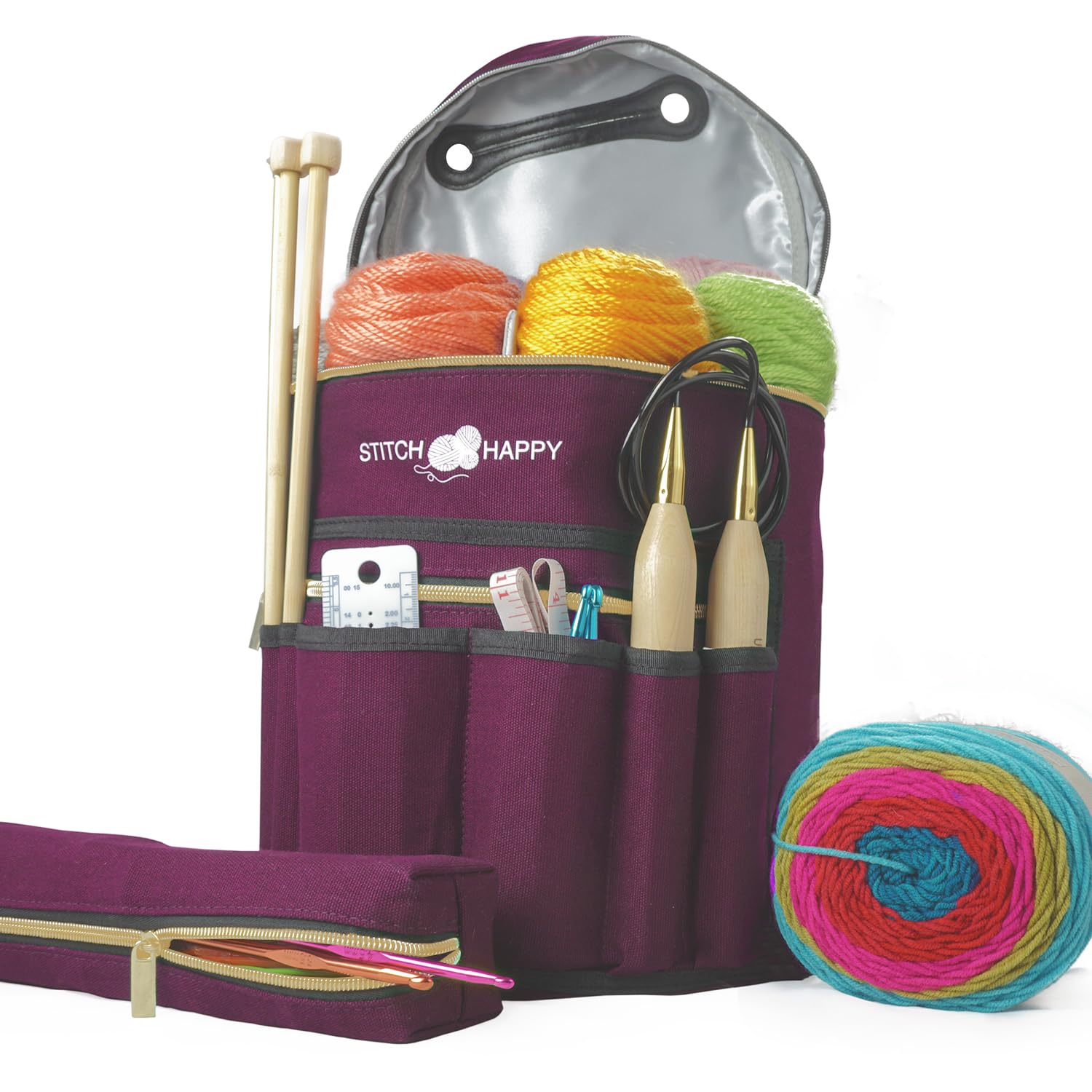Stitch Happy Knitting Bag (Purple): 7 Pocket Yarn Bag, Crochet Bag, Yarn Storage, or Crochet Storage