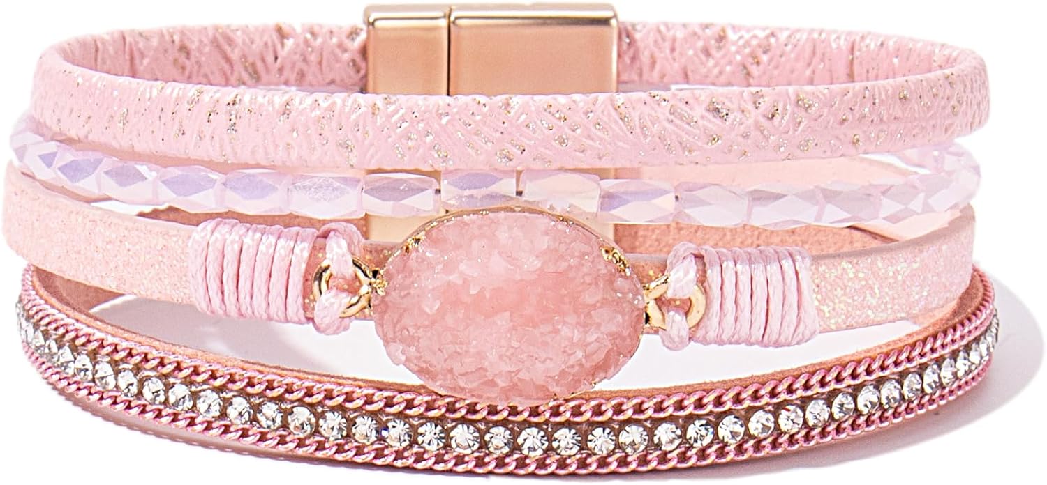 FANCY SHINY Boho Leather Wrap Bracelet Stackable Chunky Crystal Cuff Bracelets Western Jewelry Summer Beach Outfits for Women