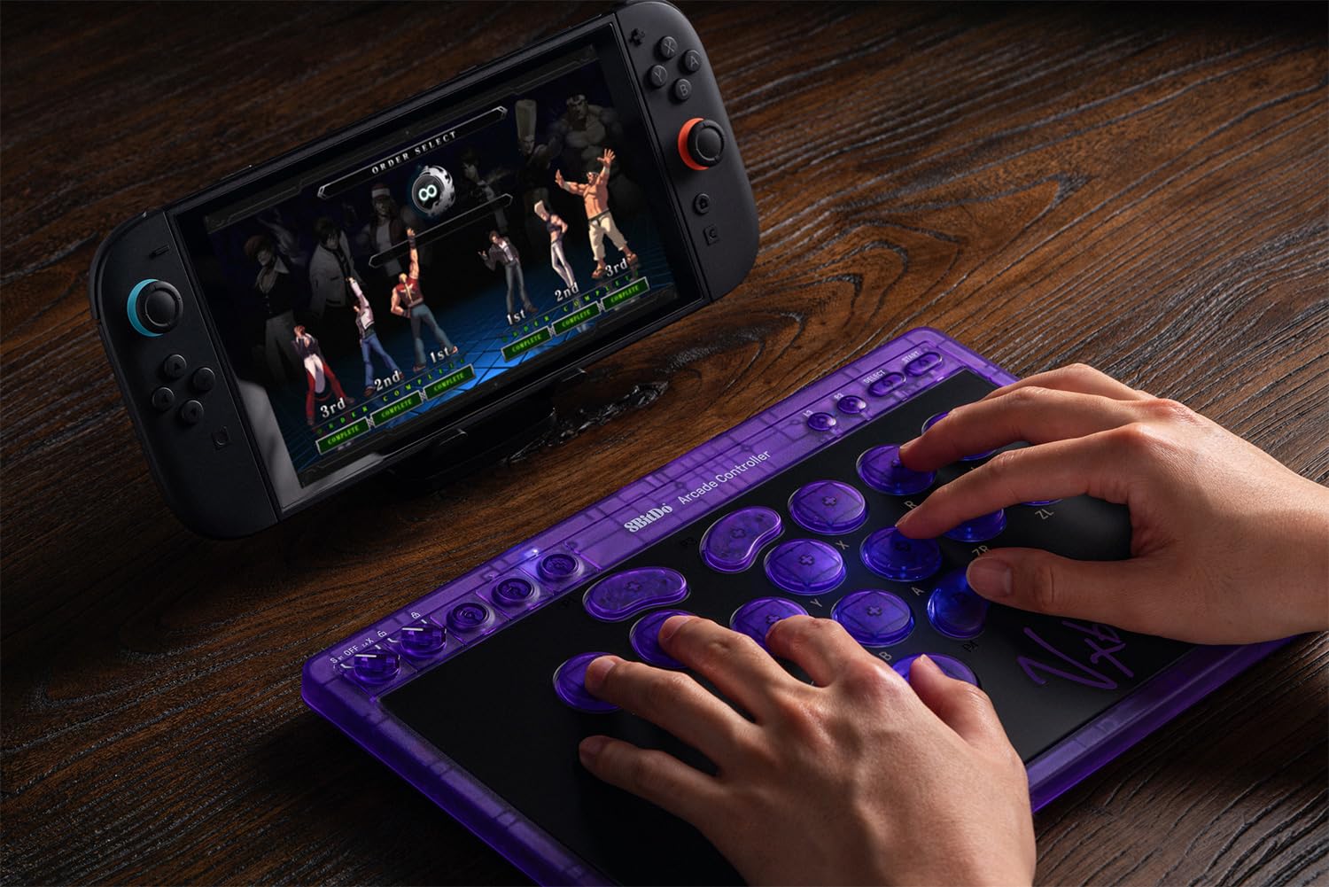 8BitDo All-Button Arcade Controller for Switch & Windows – 3 Connection Modes, Low-profile Linear Switches, 4 Programmable Buttons, Hot-swappable PCB - Transparent Purple Signature Edition