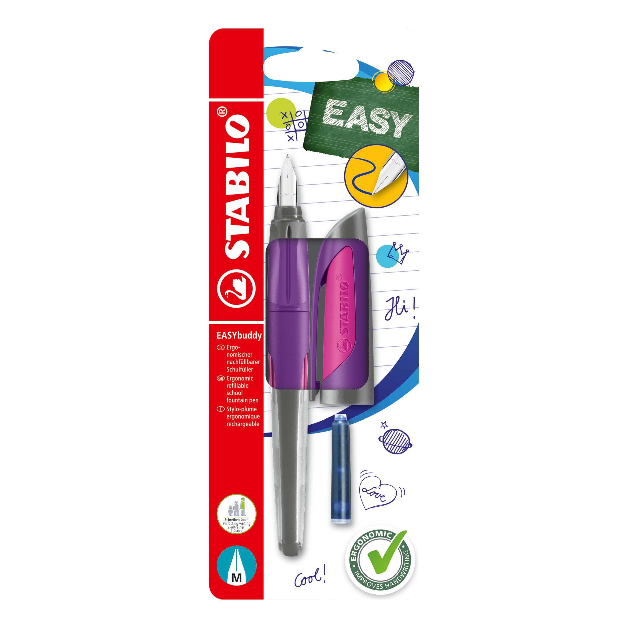 STABILO - Schulfüller mit Standard-Feder M - EASYbuddy in lila/magenta - blau (löschbar) - inkl. Patrone - Blister