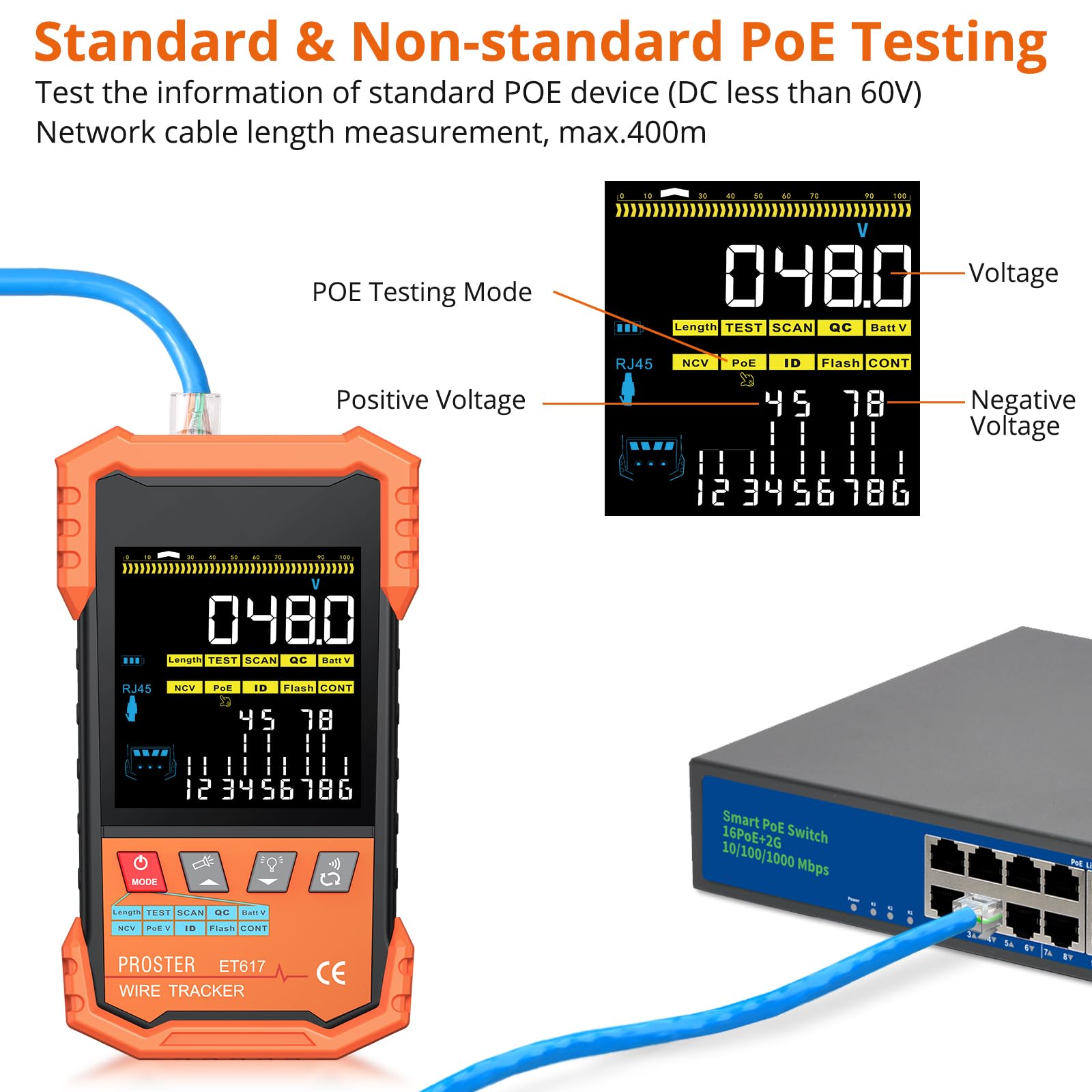 Proster Tester kabli PoE Tester kabli z cyfrowym i analogowym trybem wyszukiwania kabli,kolorowy ekran VA Tester kabla obsługuje test długości kabla dla CAT5 CAT6 CAT7 CAT8