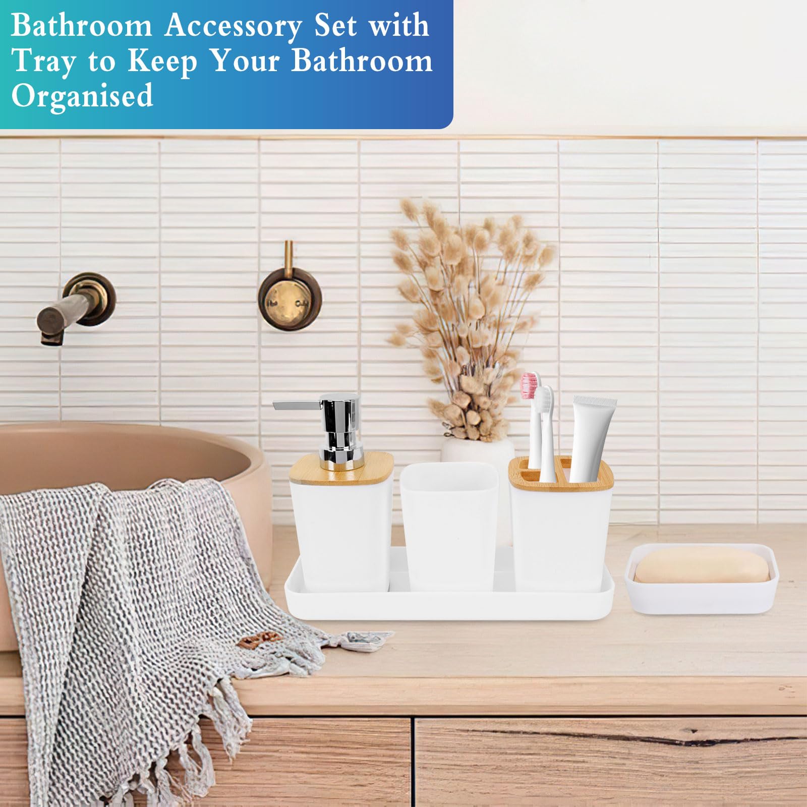 Dadabig Accesorios de Baño de Bambú, Juego de 7 Accesorios de baño, Dispensador de Jabón, Soporte para Cepillos de Dientes, Vaso de Enjuague y Jabonera (Blanco)