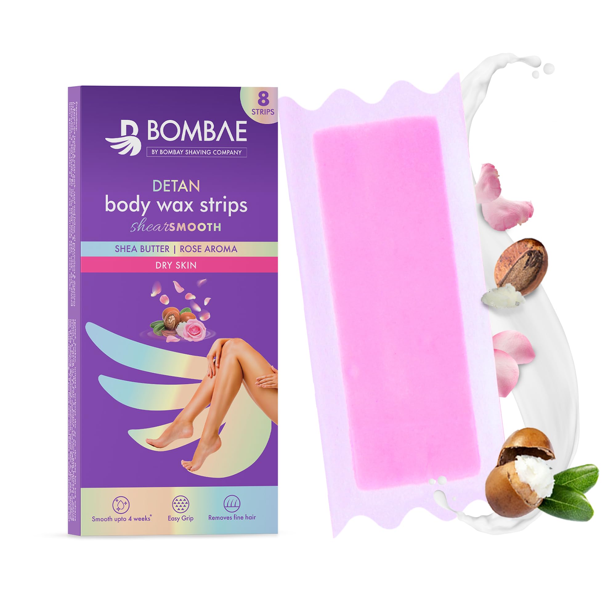 Bombae Full Body Wax Strips with Shea Butter for Women (8+2 Strips)| Full Body Cold Wax Strips for Arms, Underarms, Legs | Post-wax Wipes for mess-free, Smooth skin