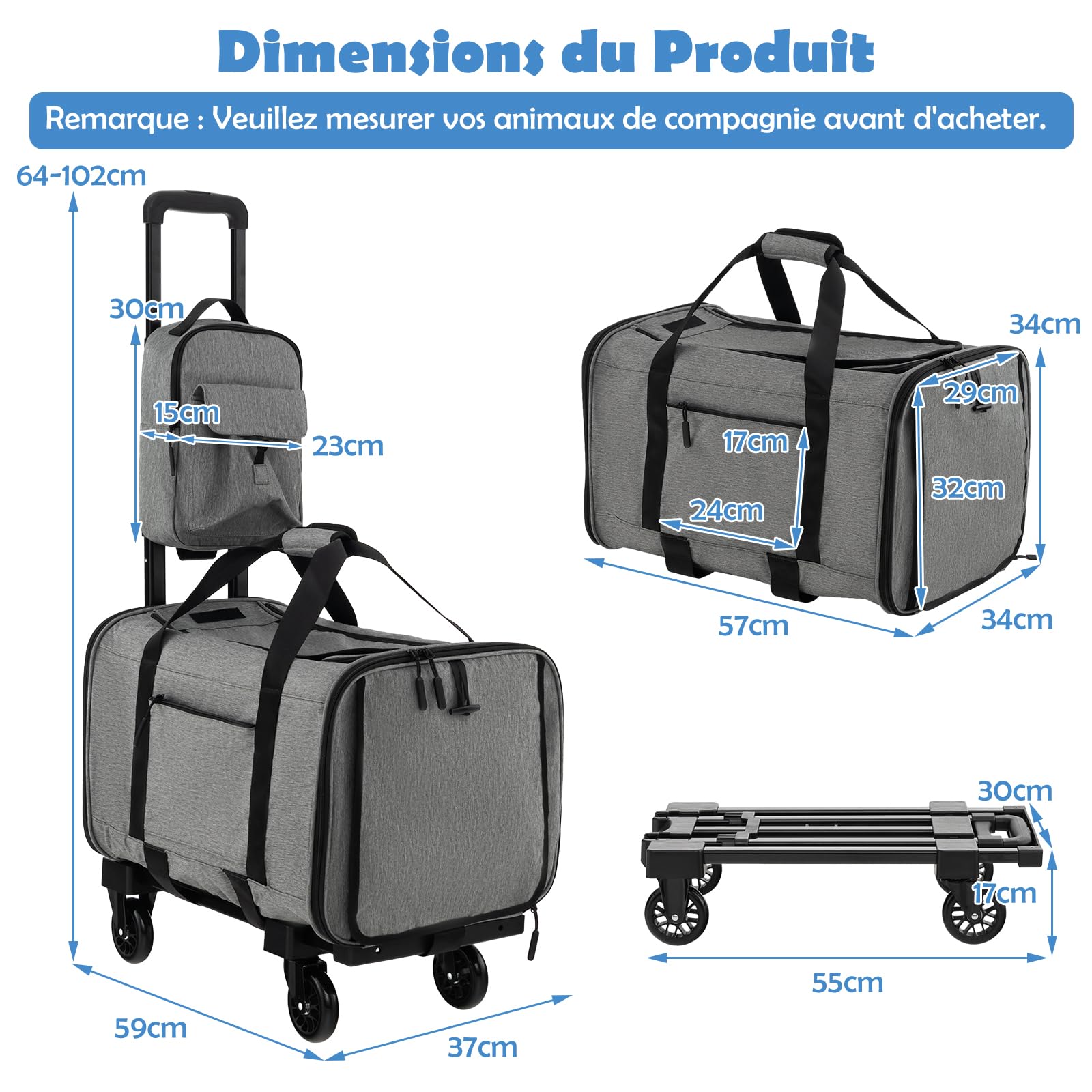 COSTWAY Sac à Dos avec Roues pour Chat Chien, Sac de Transport à roulettes pour Animaux de Compagnie, Caisse de Voyage Pliable avec Coussins et Poignée Télescopique, Charge 100KG, Gris