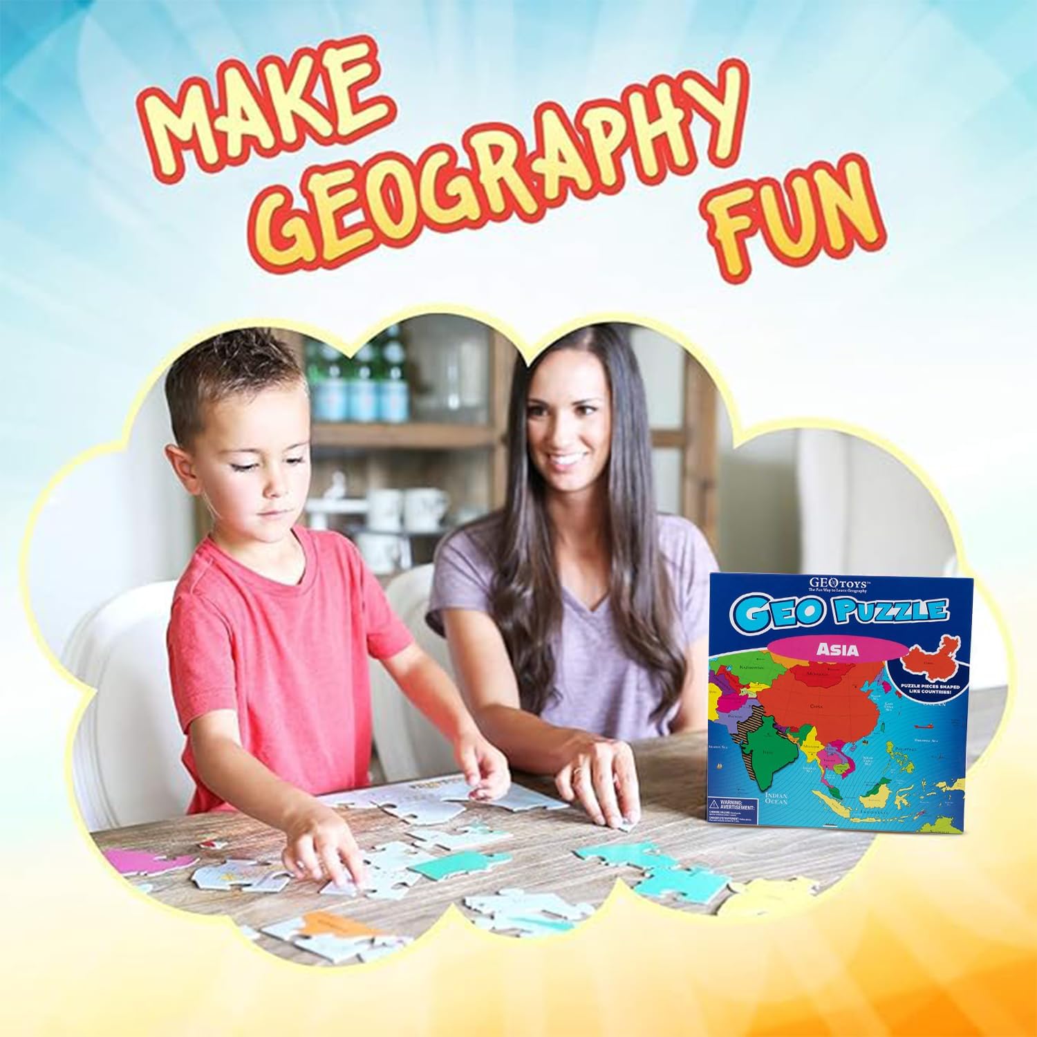 GeoToys GeoPuzzle, Asia Jigsaw Puzzles, 50 Pc Geography Game & Map Puzzle, Educational Games & Kids Learning Activities, Puzzle Gifts for Children Ages 6-9, Fun Learning Toys for Kids