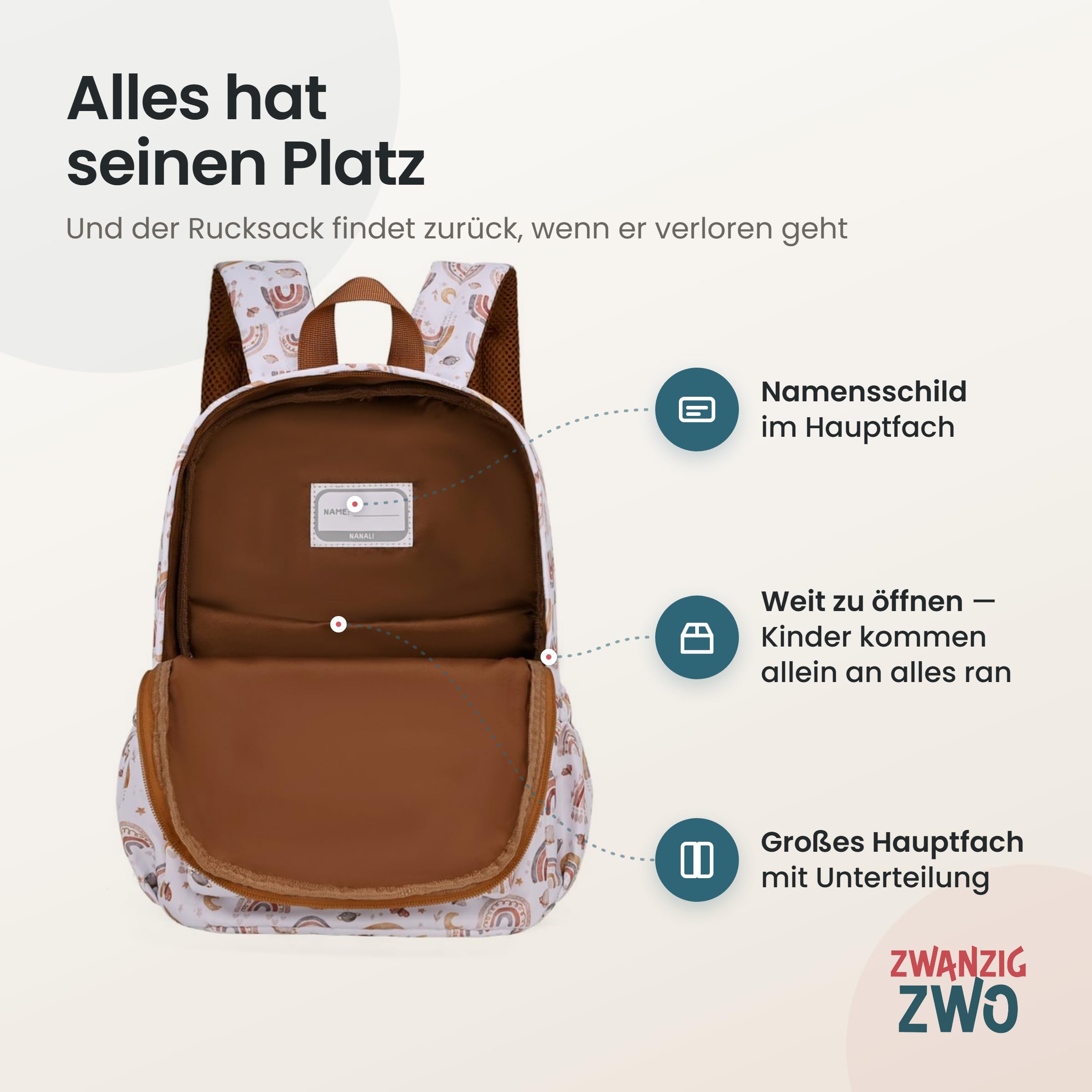 Mochila infantil impermeable con correa para el pecho, etiqueta para el nombre y correas acolchadas, Óxido - Arcos Iris Pequeños, Einheitsgröße, Mochila de guardería