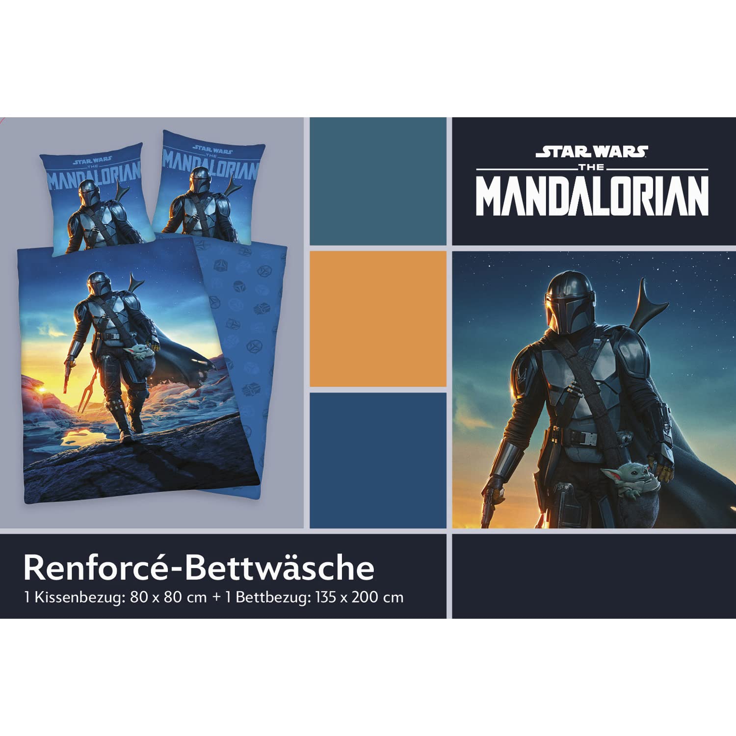 Herding Star Wars The Mandalorian Bettwäsche-Set, Kopfkissenbezug 80 x 80 cm, Bettbezug 135 x 200 cm, Mit leichtläufigem Reißverschluss, 100% Baumwolle/Renforcé